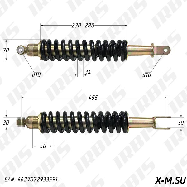 Амортизатор задний (L-455mm,D-10mm,d-10mm) XR250w, YD250GY