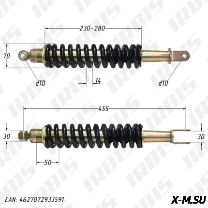 Амортизатор задний (L-455mm,D-10mm,d-10mm) XR250w, YD250GY