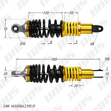 Амортизатор задний (L-300mm,D-10mm,M8) (2 пружины)